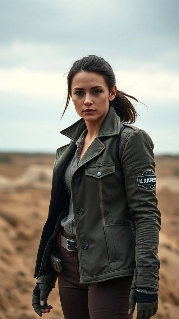A woman wearing a military-style tailored blazer, inspired by Jyn Erso from Star Wars, standing confidently in a rugged landscape.