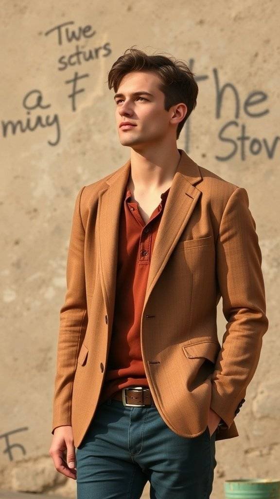 A young man wearing a tailored brown blazer over a rust-colored polo, standing against a textured wall with graffiti.