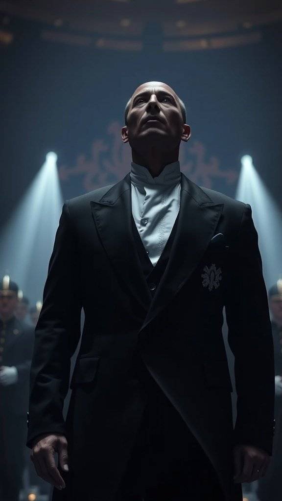 A figure in a tailored blazer stands confidently under dramatic lighting, embodying authority and elegance.