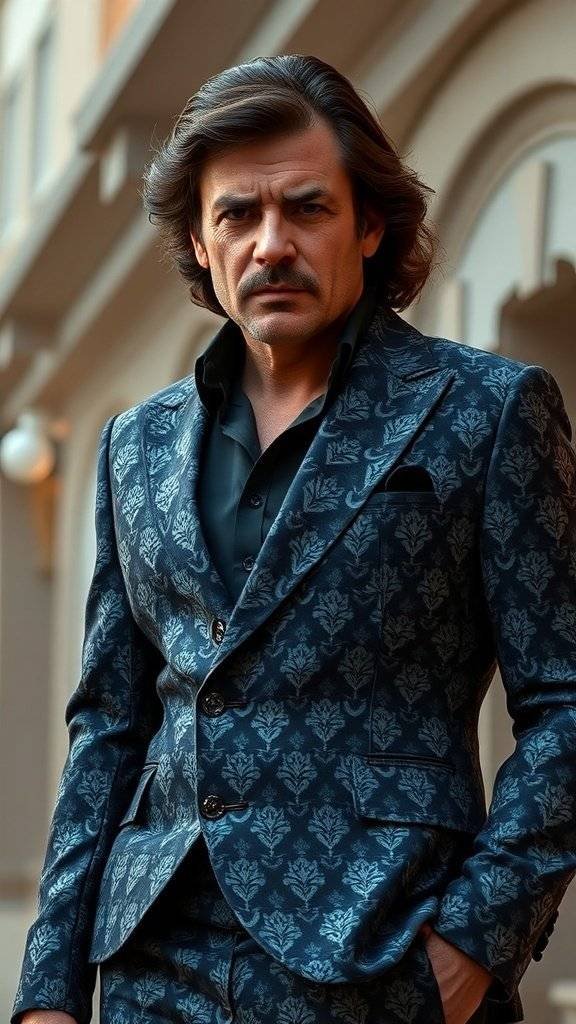 A man in a tailored blazer with a dark floral pattern, exuding confidence and style.