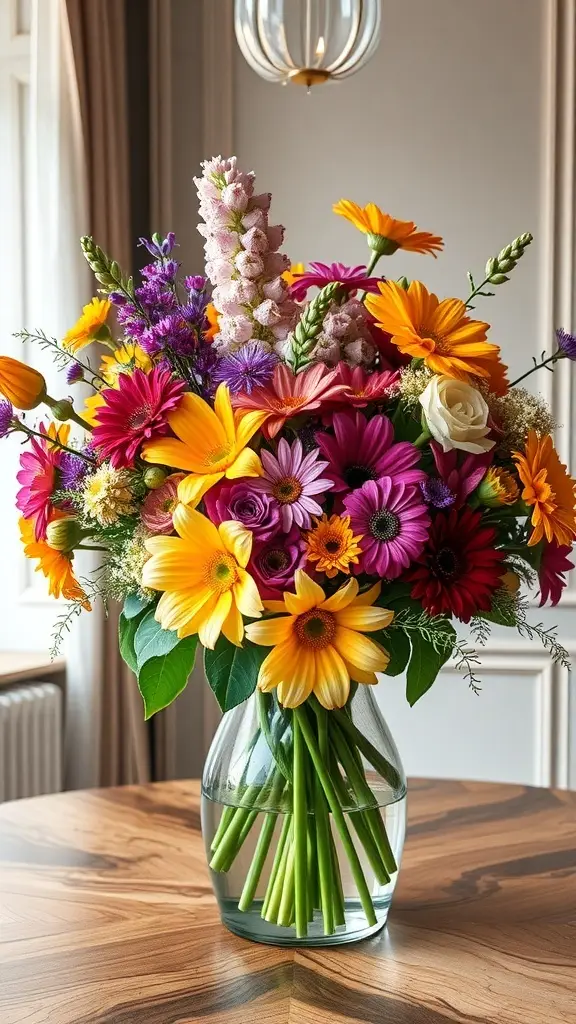 A vibrant mixed bouquet featuring colorful flowers in a clear vase on a wooden table.