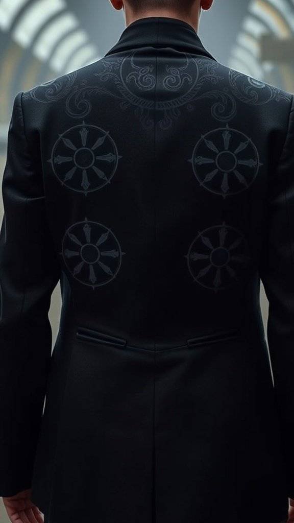 A tailored black blazer with intricate designs on the back, inspired by Sith Lords from Star Wars.