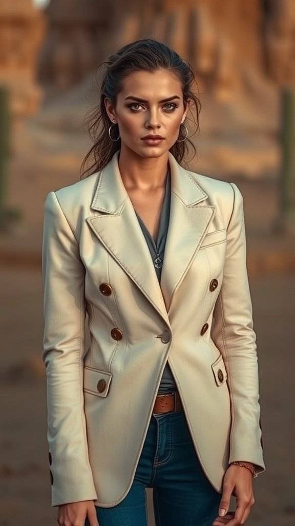 A person wearing a beige tailored blazer in a desert setting, inspired by Tatooine from Star Wars.