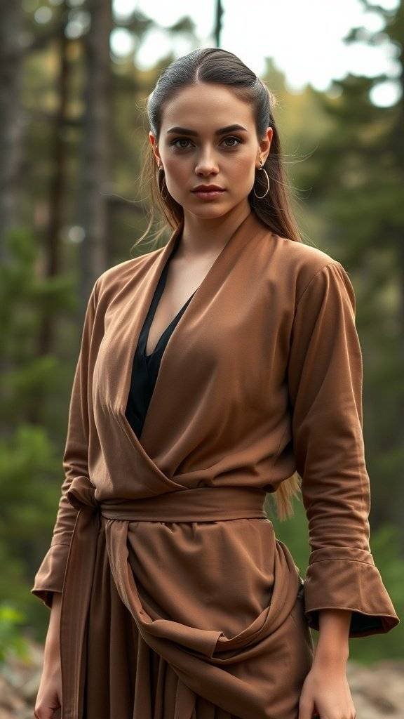 A tailored blazer inspired by Jedi robes, showcasing a flowing design in earthy tones.