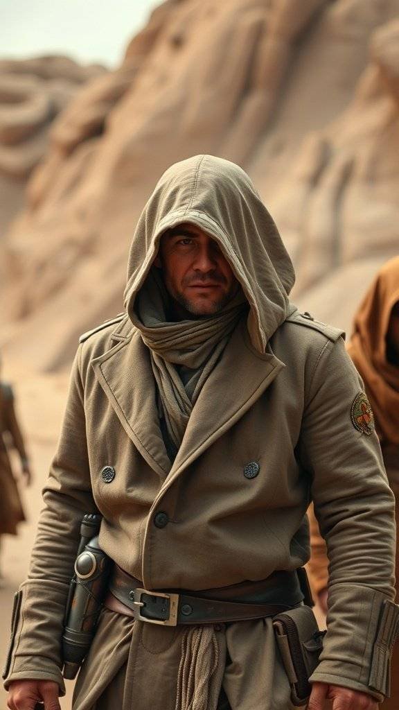 A character in a hooded coat inspired by Tusken Raiders, showcasing layered textures and earthy tones.