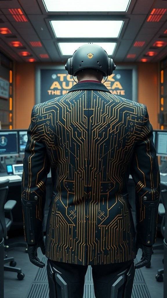 A person wearing a futuristic tailored blazer with circuit-like patterns, standing in a high-tech control room.