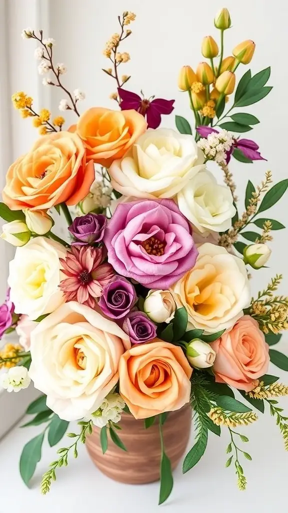 A vibrant flower arrangement featuring various colorful blooms, including daisies, roses, and seasonal flowers.