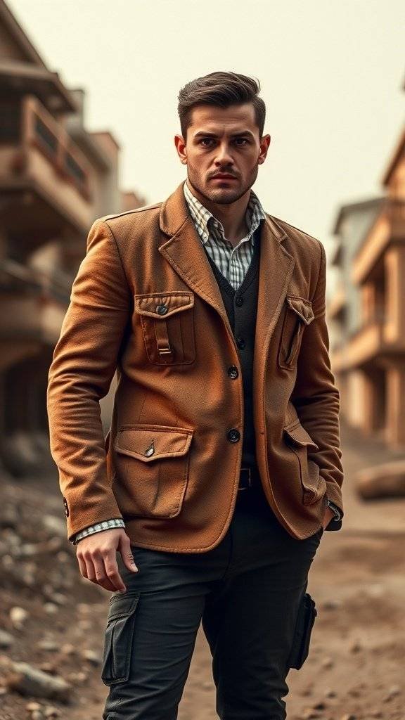 A man wearing a brown tailored blazer with utility pockets, standing confidently in an urban setting.