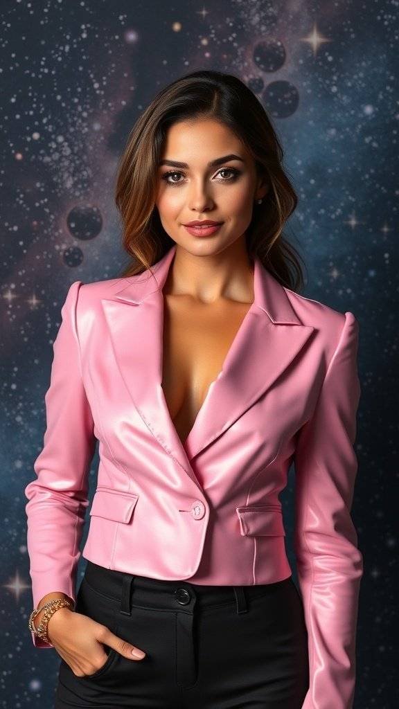 A woman wearing an electric pink jacket.