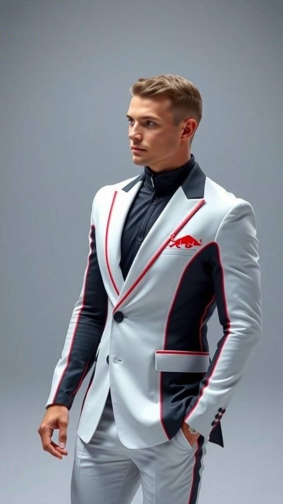 A person wearing a tailored blazer inspired by podracing, walking confidently in a modern setting.
