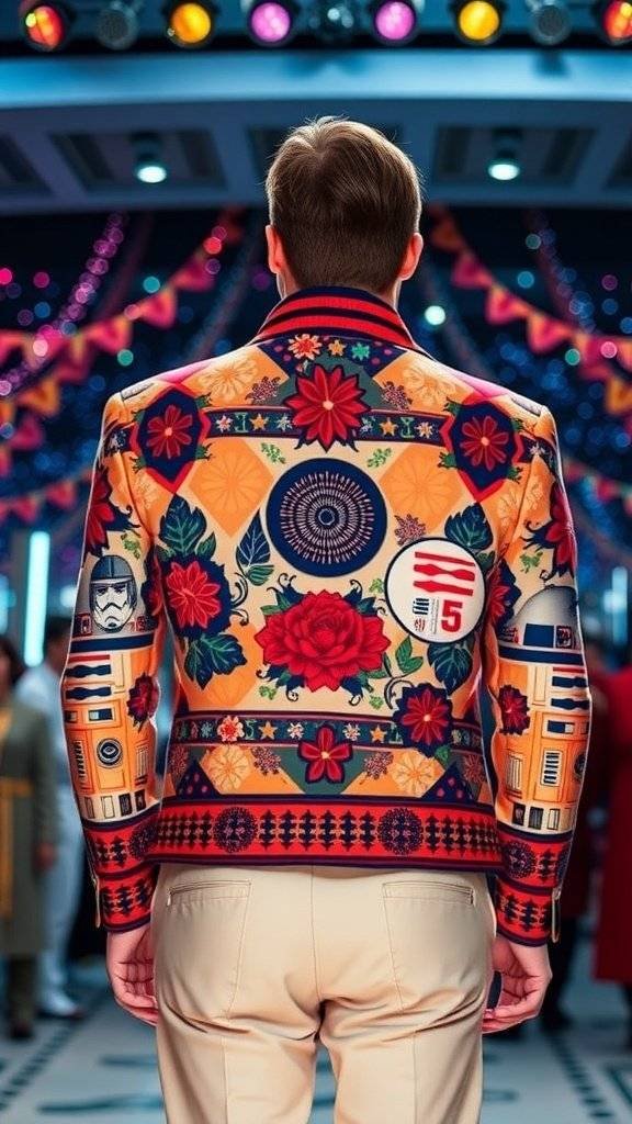 A colorful tailored blazer inspired by Star Wars, featuring floral patterns and iconic symbols, viewed from the back.