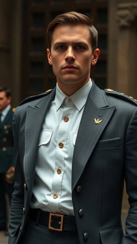 A man in a tailored gray blazer with gold buttons and a white shirt, inspired by Star Wars Imperial officers.