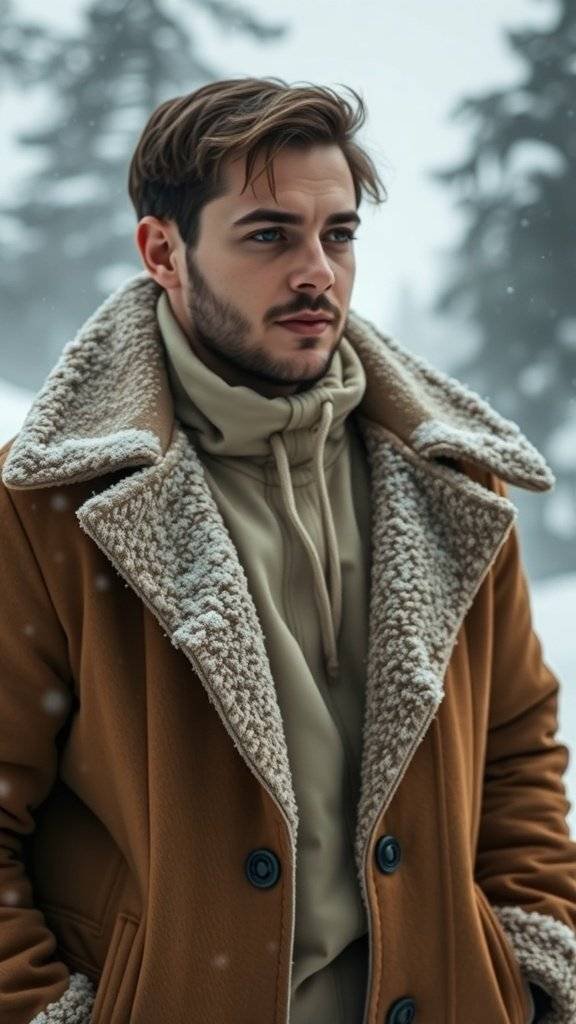A man in a warm, stylish coat with a plush collar, standing in a snowy landscape.