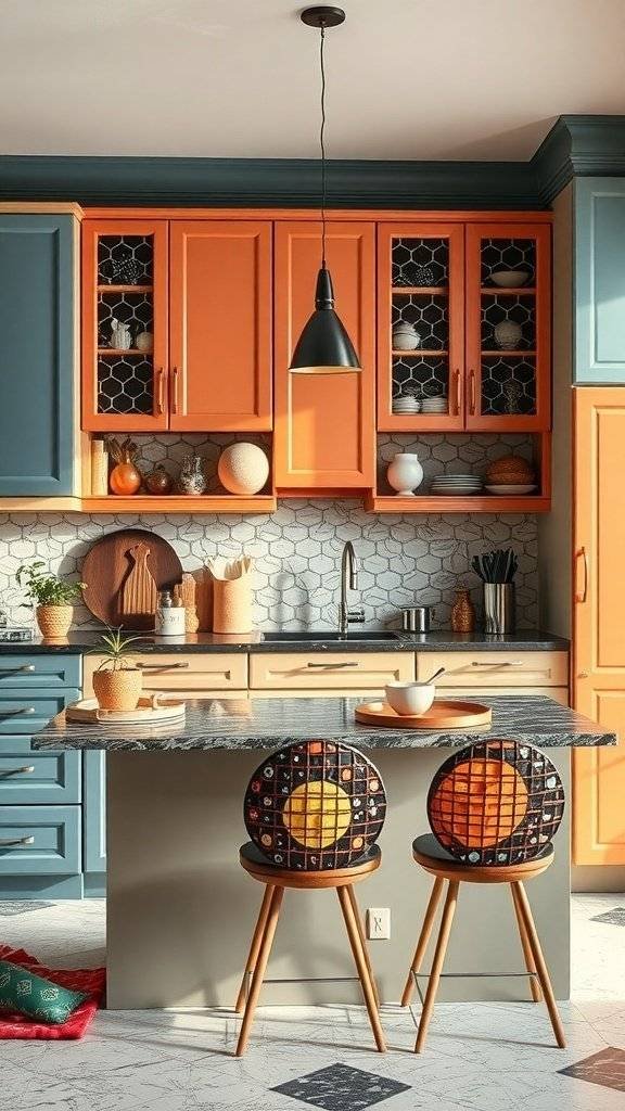 Two-toned kitchen cabinets in navy blue and gray with gold hardware.