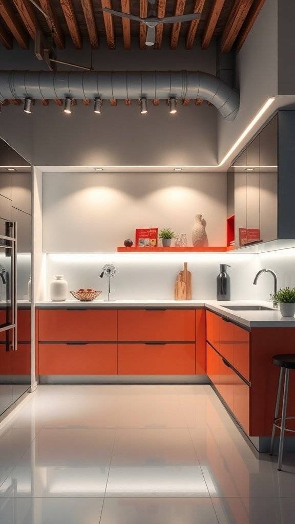 A modern kitchen featuring two-toned cabinets in orange and black, with wooden beams and stylish lighting.