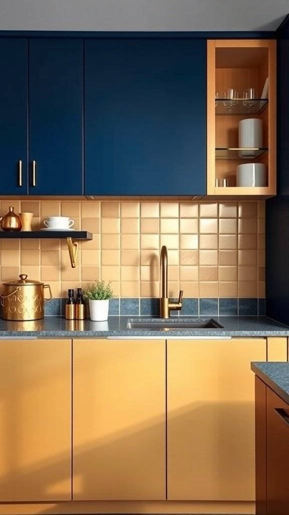 A cozy kitchen with two-toned wooden cabinets, sunlight streaming through the window, highlighting the warm tones.
