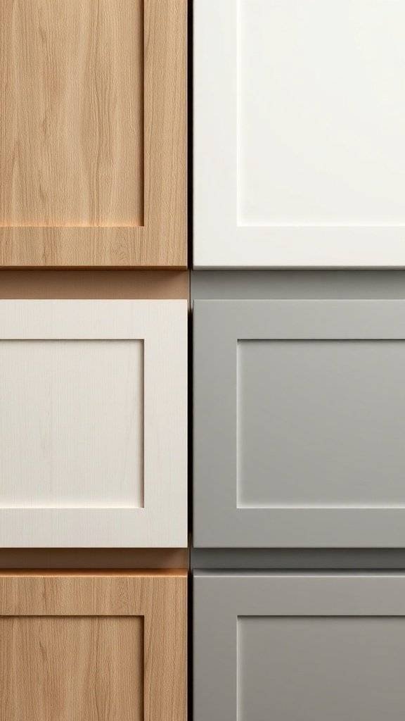 Close-up of two-toned kitchen cabinets featuring wood and smooth finishes.