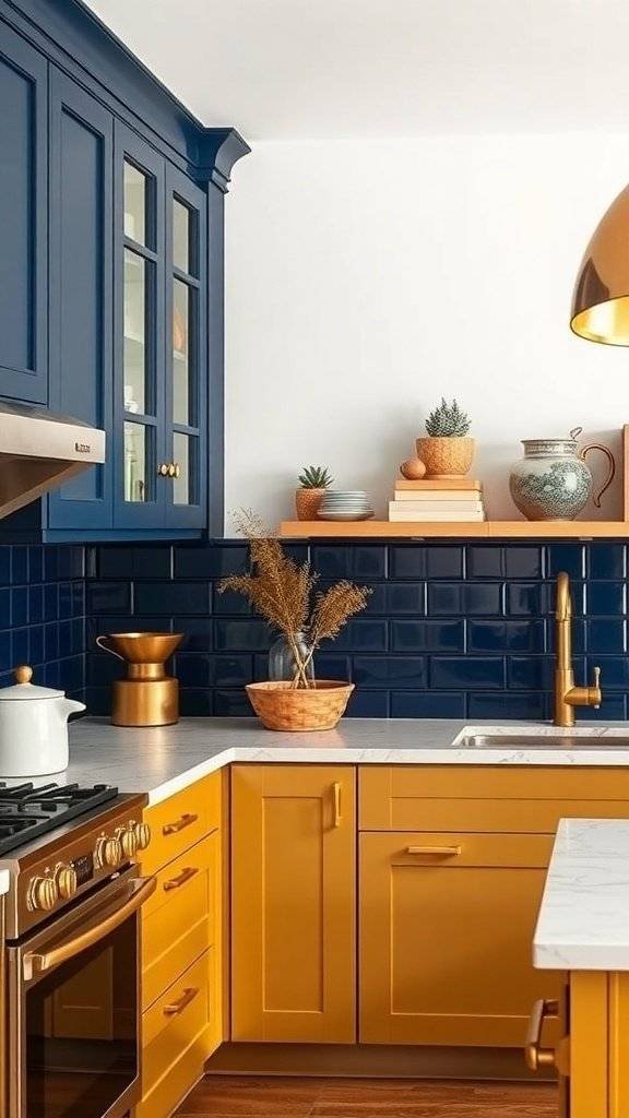 A kitchen featuring two-toned cabinets in deep blue and vibrant orange accents.