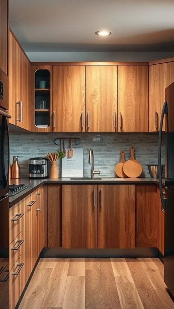 A modern kitchen featuring two-toned wooden cabinets with a sleek design.