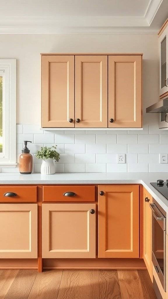 A kitchen featuring two-toned cabinets in peach and orange with black hardware.