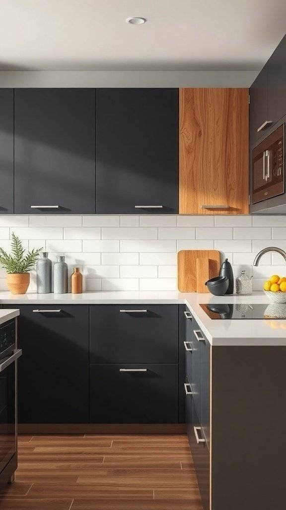 A modern kitchen featuring two-toned cabinets with dark and wood finishes, complemented by a white tiled backsplash.