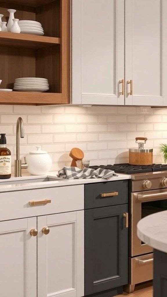 A kitchen featuring two-toned cabinets with gold hardware.