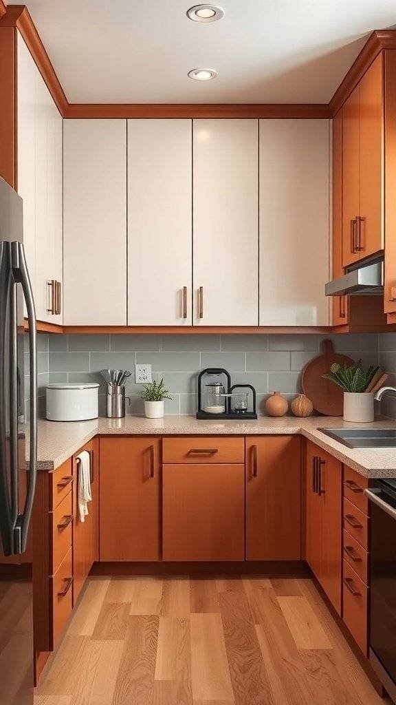 A kitchen featuring two-toned cabinets with white upper cabinets and warm wood lower cabinets, showcasing a functional layout.