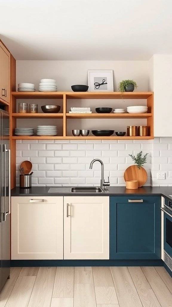 A modern kitchen featuring two-toned cabinets with blue lower cabinets and cream upper cabinets, complemented by open shelving displaying dishes and decorative items.