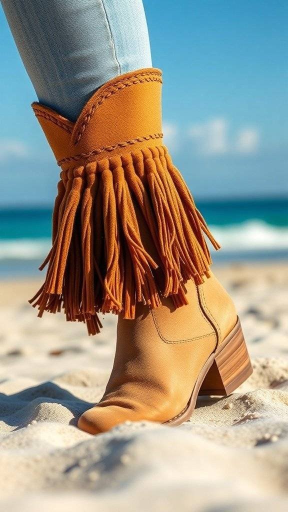 A close-up of a person wearing stylish boho boots with a patterned sweater and jeans.
