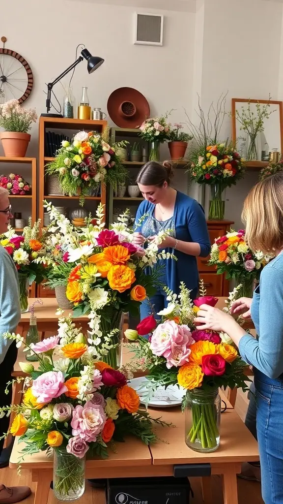 A vibrant display of various flowers arranged in pots and baskets, showcasing a colorful and artistic floral arrangement.