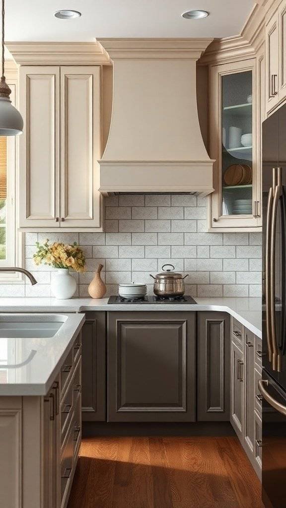 A kitchen featuring two-toned cabinets, with light upper cabinets and dark lower cabinets, showcasing a modern and timeless design.