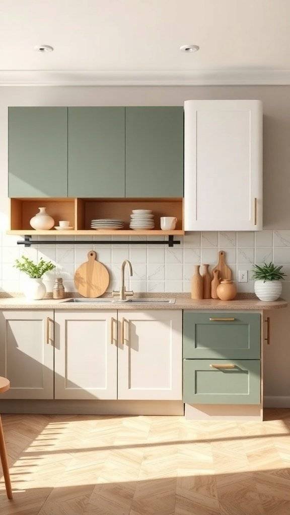 A modern kitchen featuring two-toned cabinets in green and white, with wooden accents and plants.