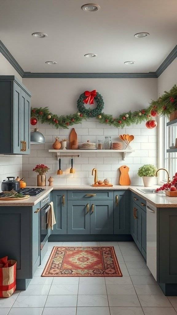 A cozy kitchen featuring two-toned cabinets in dark blue and white, decorated for the holidays with a wreath, garlands, and a colorful rug.