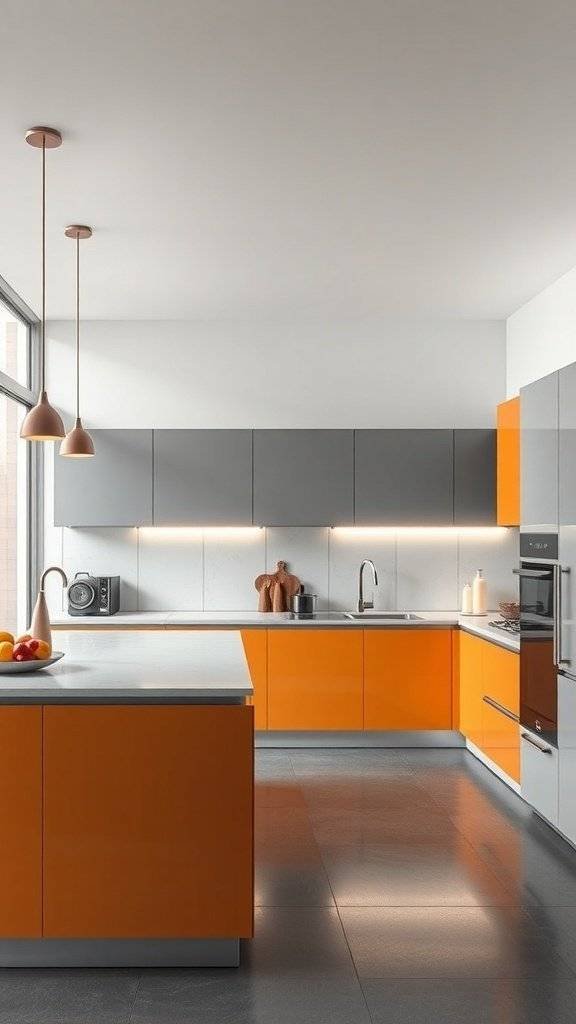 A modern kitchen featuring two-toned cabinets in orange and gray.
