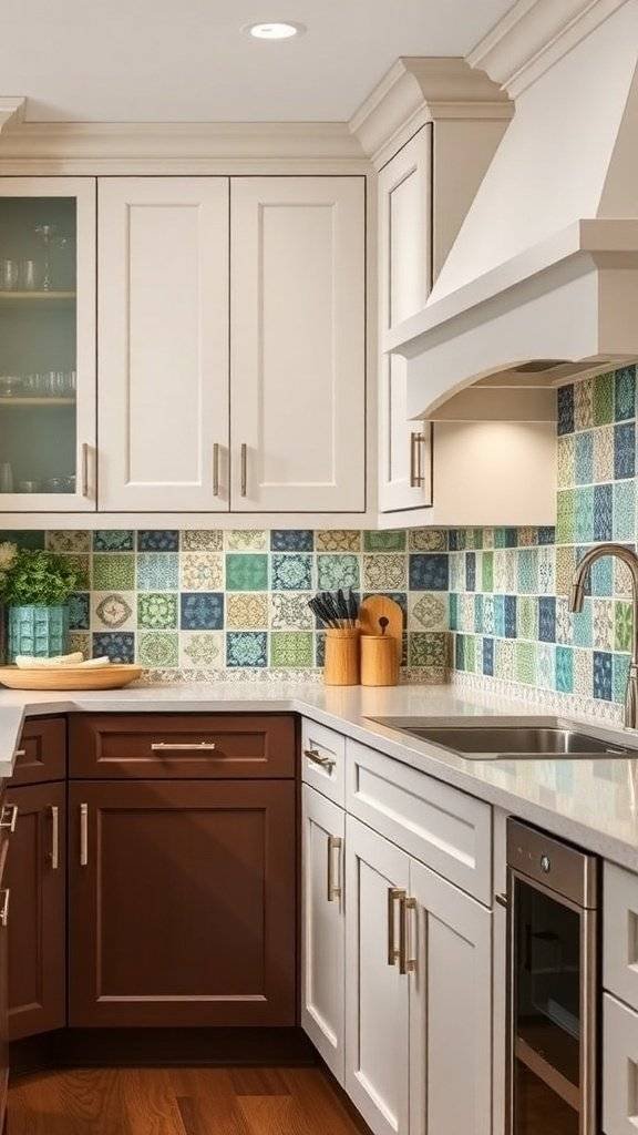 A kitchen featuring two-toned orange cabinets and a colorful tiled backsplash.
