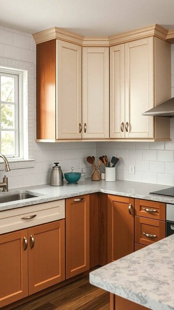 A kitchen featuring two-toned cabinets with light and dark wood tones.