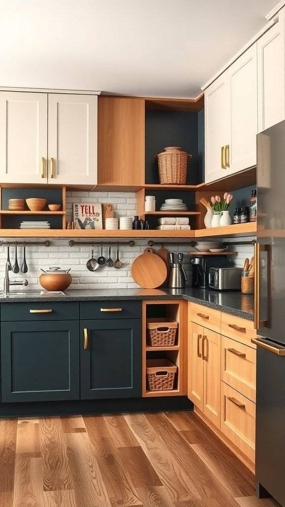 A modern kitchen featuring two-toned cabinets in light wood and navy blue, with open shelving and organized storage solutions.