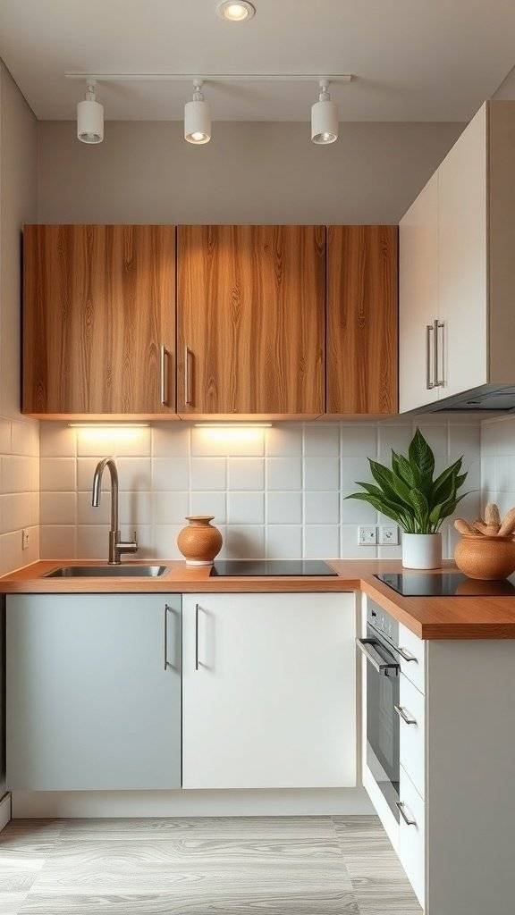 A small kitchen featuring two-toned cabinets with warm wood upper cabinets and gray lower cabinets, complemented by under-cabinet lighting and decorative elements.