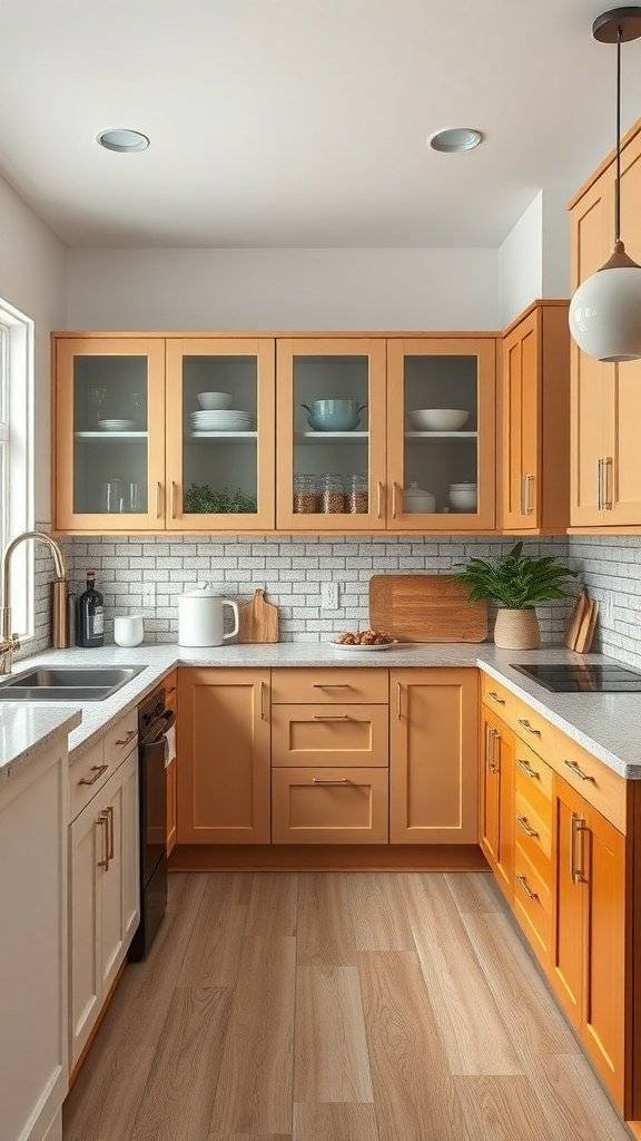 A modern kitchen featuring two-toned cabinets in warm wood tones and white, with a bright and inviting atmosphere.