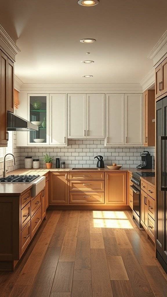 A modern kitchen featuring two-toned cabinets with light and dark wood tones, a gas stove, and a bright atmosphere.