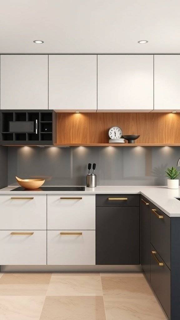 A modern kitchen featuring two-toned cabinets in black and white with wooden accents.