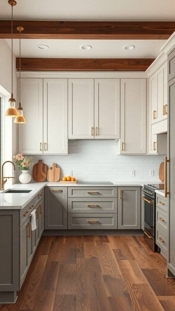 A modern kitchen featuring two-toned cabinets in gray and cream, with warm wood accents and gold hardware.