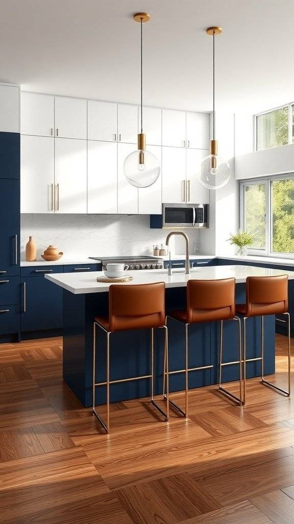 Before and after image of a kitchen with two-toned cabinets