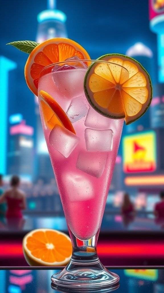 A colorful cocktail with citrus slices, set against a vibrant city backdrop.