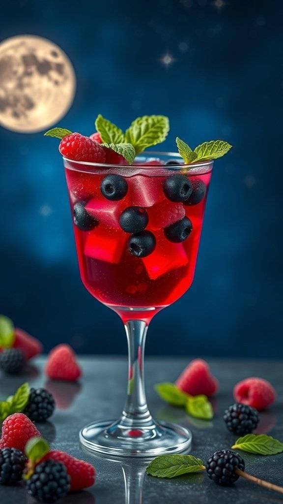 A vibrant cocktail with mixed berries and mint, set against a night sky.