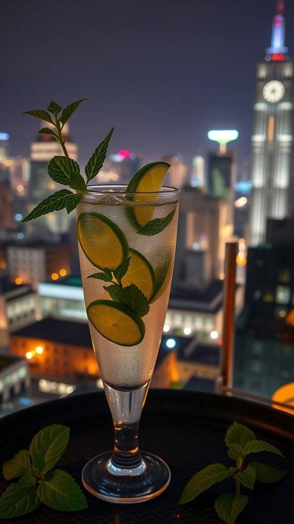 A refreshing Midnight Mojito cocktail with mint and lime, set against a city skyline at night.