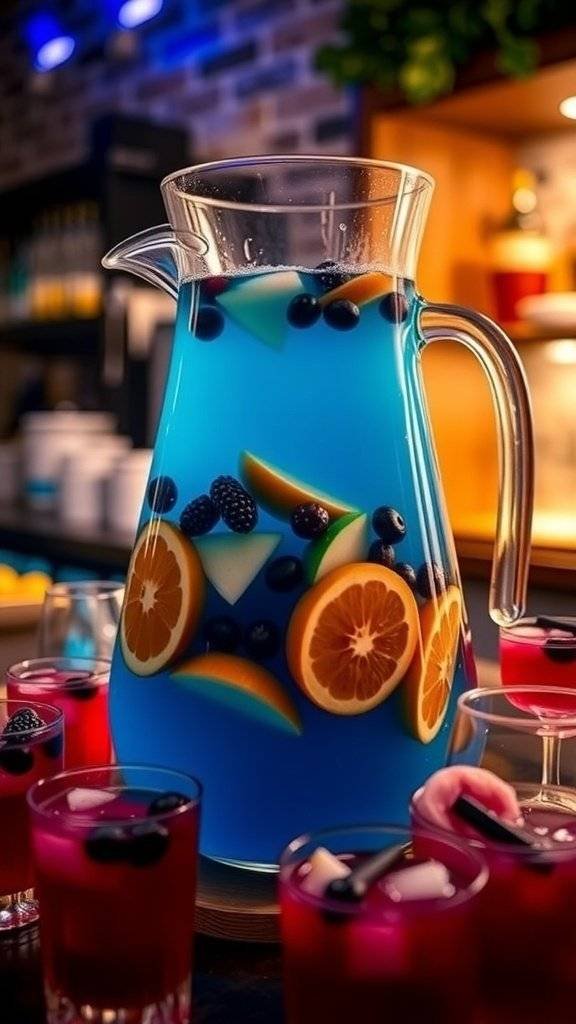 A vibrant pitcher of Sapphire Sangria filled with fruits and blue hues, surrounded by glasses of the same drink.