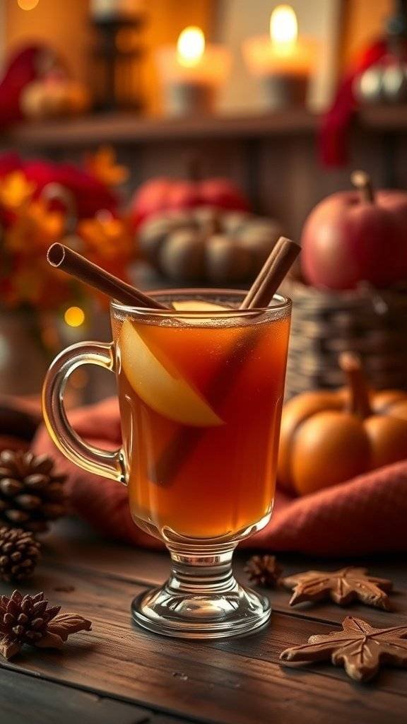 A warm spiced cider in a glass mug with cinnamon sticks and orange slices, surrounded by autumn decorations.