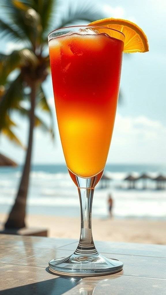 A vibrant Aurora Tequila Sunrise cocktail with orange and red hues, garnished with an orange slice.