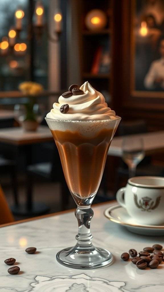 A beautifully presented coffee drink topped with whipped cream and coffee beans.